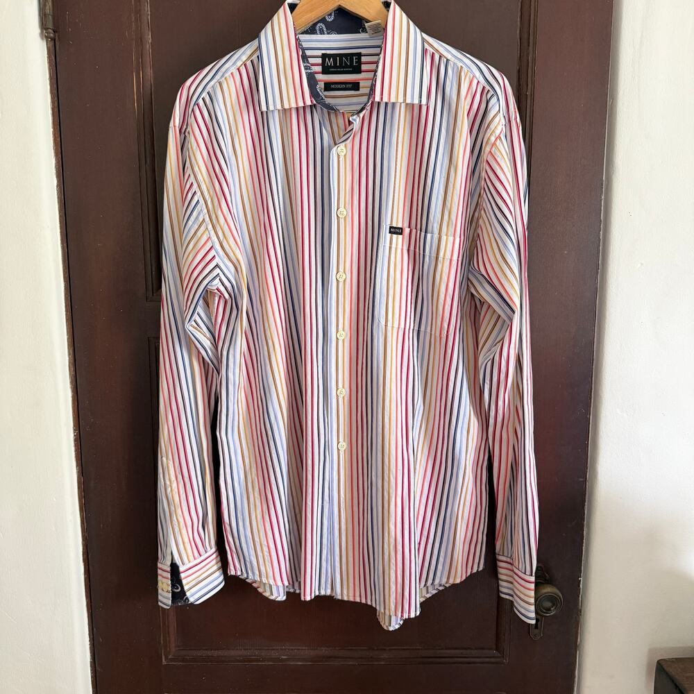 M.I.N.E.  | Modern Fit Rainbow Stripe Button up Collared Dress Shirt Extra Large